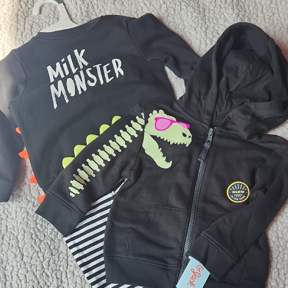 Cat & Jack Black 'Milk Monster' Baby Hoodie Set & Dinosaur Glow In Dark Hoodie
